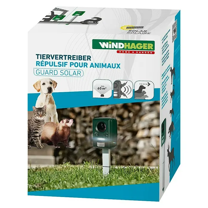 Windhager Tiervertreiber Guard Solar - Wirkungsbereich: 60 m² - Eine Produktaufnahme des Windhager Tiervertreibers "Guard Solar" mit einer Katze, einem Hund und einem Frettchen auf der Verpackung.