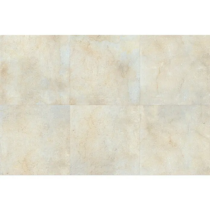 Marazzi Feinsteinzeugfliese Jerusalem Oase Avorio - 75 x 75 cm, Sandstein-Beige, Matt - Nahaufnahme von quadratischen, beigen Marmorfliesen. Das natürliche Muster sorgt für ein elegantes und zeitloses Erscheinungsbild des Bodenbelags.