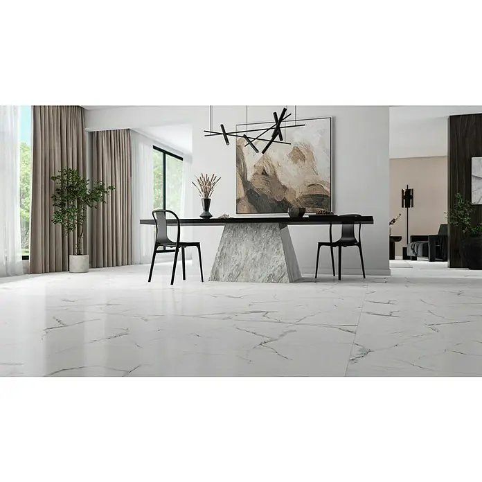 Feinsteinzeugfliese Rock Ford - L x B x S: 60 x 120 x 0,8 cm, Weiß/Grau, Glänzend - Elegantes Esszimmer mit Marmorboden und stilvollem Esstisch. Der Boden verleiht dem Raum eine luxuriöse Note.