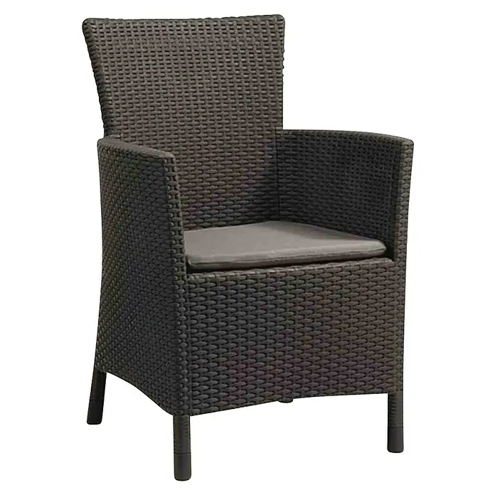Allibert Gartenmöbel-Set Iowa - 4 -tlg., Kunststoff, 100% Polyester, Anthrazit - Brauner Rattansessel mit Armlehnen und grauem Sitzkissen, ideal für Terrasse oder Garten. Bequeme Sitzgelegenheit für entspannte Stunden im Freien.