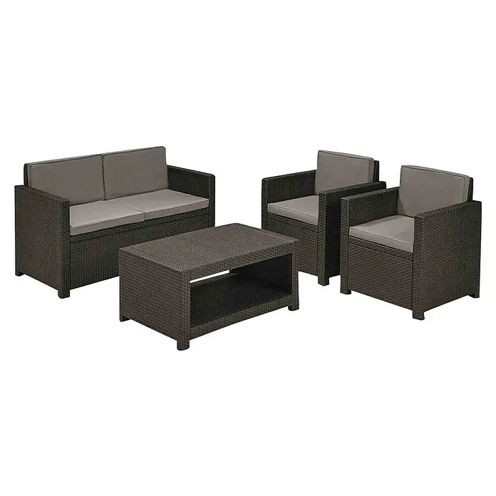 Allibert Loungemöbel-Set Monaco - 4 -tlg., Kunststoffgeflecht, Polyester, Graphit - Braune Rattan-Gartenmöbel-Set mit einem Sofa, zwei Sesseln und einem Couchtisch, perfekt für den Außenbereich und die Entspannung im Garten.