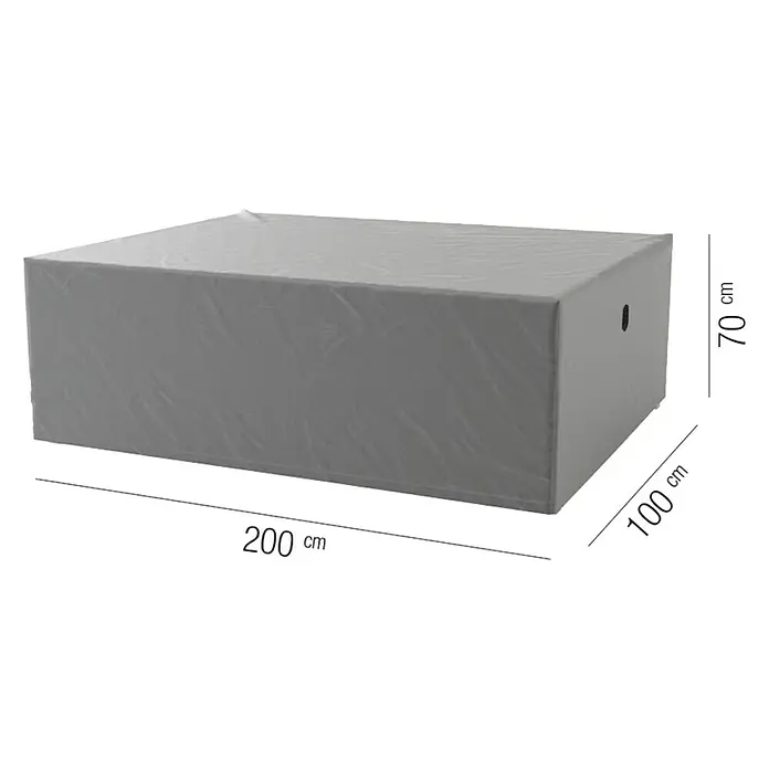 Siena Garden Tisch-Schutzhülle AquaShield - 200 x 100 x 70 cm, Kunststoff - Eine graue Schutzhülle mit den Maßen 200 cm Länge, 100 cm Breite und 70 cm Höhe, die einen rechteckigen Gegenstand abdeckt.
