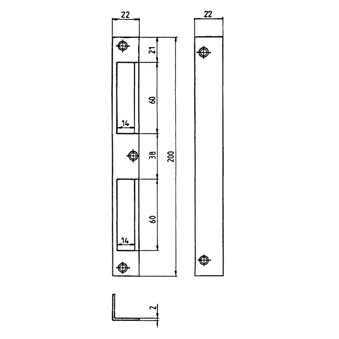 Stabilit Winkelschließblech - Universell einsetzbar, L x B x H: 200 x 22 x 22 mm - Technische Zeichnung eines Türbeschlags mit Maßen. Die Zeichnung zeigt alle Dimensionen des Türbeschlags.