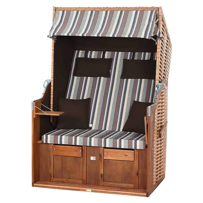 DeVries Strandkorb Trendy - L x B x H: 120 x 80 x 165 cm, Weiß-Beige-Braun (gestreift) - Strandkorb mit braun gestreifter Polsterung und einem kleinen Tisch an der Seite für Komfort und Entspannung im Freien.