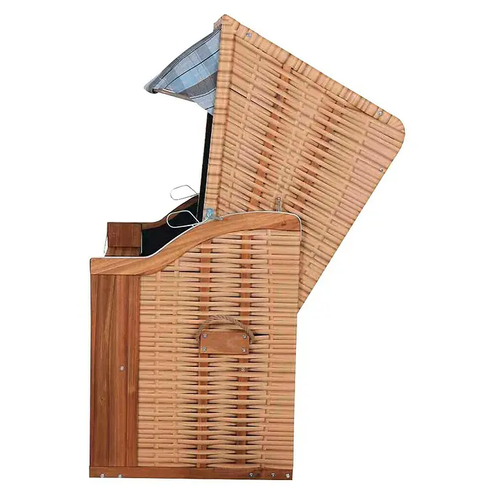DeVries Strandkorb Trendy - L x B x H: 120 x 80 x 165 cm, Blau-Weiß (kariert) - Ein detailreiches Bild eines Strandkorbs mit einem geöffneten Dach, der die kunstvolle Verarbeitung hervorhebt.