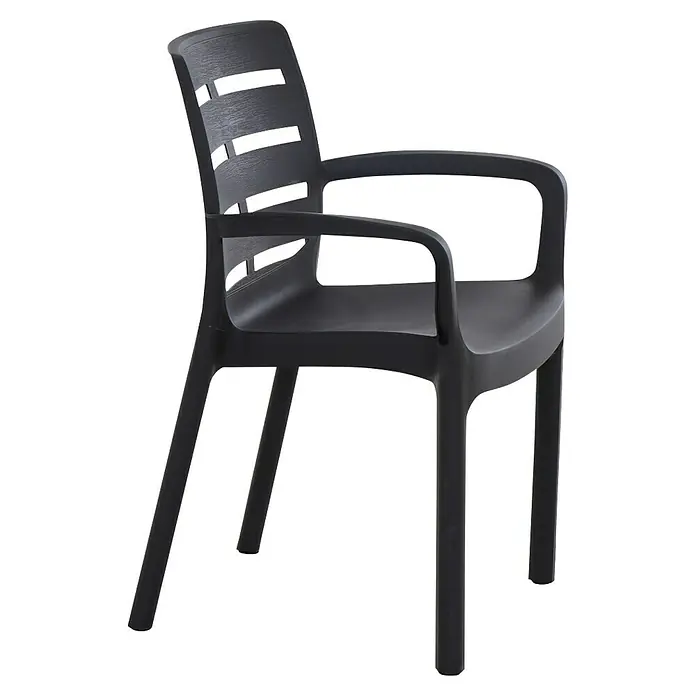 Progarden Stapelstuhl Borneo - Stapelbar, Anthrazit, B x T x H: 54 x 60,5 x 82 cm - Elegantes, schwarzes Kunststoffstuhl mit Armlehnen. Ideal für den Innen- und Außenbereich, robust und stilvoll.