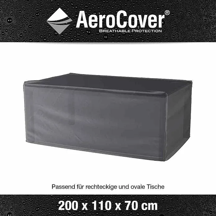 Gartentisch-Schutzhülle Aerocover - L x B x H: 200 x 110 x 70 cm, Kunststoff - Das Bild zeigt eine graue AeroCover-Schutzhülle für rechteckige und ovale Tische mit den Maßen 200 x 110 x 70 cm, die atmungsaktiven Schutz bietet.