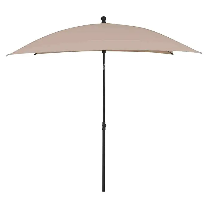 Siena Garden Marktschirm City Push - Natur, Bespannungsmaß (L x B): 180 x 180 cm - Nahaufnahme eines beigefarbenen Sonnenschirms mit schwarzem Schirmständer vor schwarzem Hintergrund. Er spendet Schatten und Schutz im Freien.