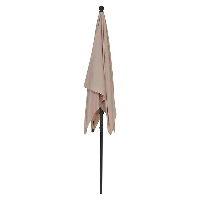 Siena Garden Marktschirm City Push - Natur, Bespannungsmaß (L x B): 180 x 180 cm - Nahaufnahme eines geschlossenen, beigen Gartenschirms auf einem schwarzen Ständer, ideal für sonnige Tage im Freien.
