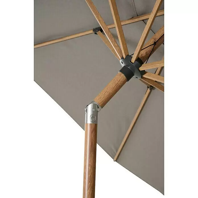 Siena Garden Marktschirm Pino - Farbe Bespannung: taupe-meliert, Durchmesser Bespannung: 300 cm - Unterseite eines grauen Sonnenschirms mit Holzstange und Streben, mit silbernem Kippmechanismus.