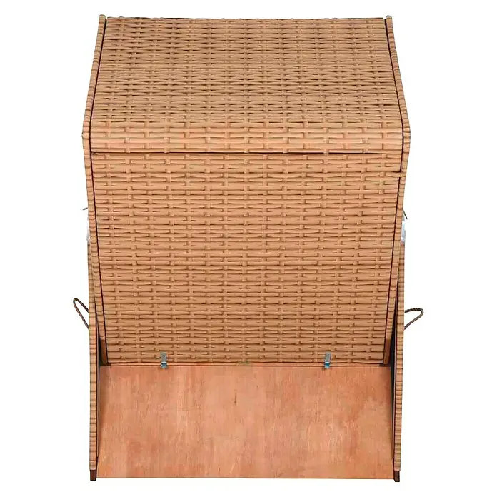 DeVries Strandkorb Trendy - L x B x H: 120 x 80 x 165 cm, Blau-Weiß (kariert) - Nahaufnahme eines Strandkorbs aus Rattan, der ein gemütliches und entspannendes Urlaubserlebnis verspricht.