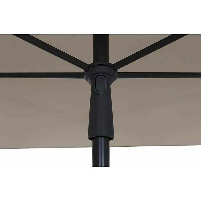 Siena Garden Marktschirm City Push - Natur, Bespannungsmaß (L x B): 180 x 180 cm - Detailaufnahme eines Sonnenschirms mit schwarzem Gestell und beigem Stoff, der Schatten spendet. Die robuste Konstruktion sorgt für Stabilität im Außenbereich.