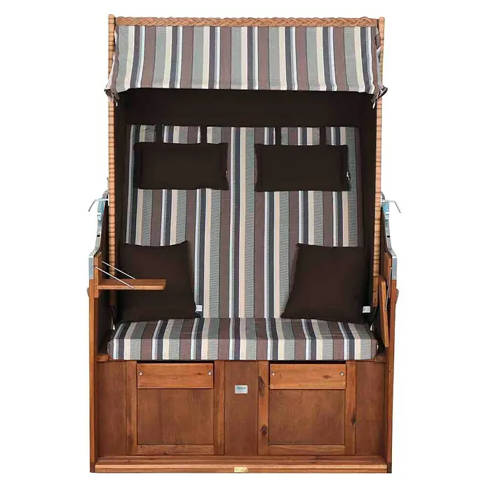 DeVries Strandkorb Trendy - L x B x H: 120 x 80 x 165 cm, Weiß-Beige-Braun (gestreift) - Strandkorb mit blau-braun gestreiftem Stoff, ausgestattet mit einem kleinen Tisch. Ideal für Entspannung am Strand oder im Garten.