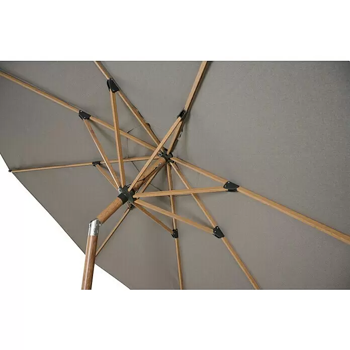 Siena Garden Marktschirm Pino - Farbe Bespannung: taupe-meliert, Durchmesser Bespannung: 300 cm - Unterseite eines grauen Outdoor-Sonnenschirms mit Holzgestell und schwarzen Verbindungsteilen.