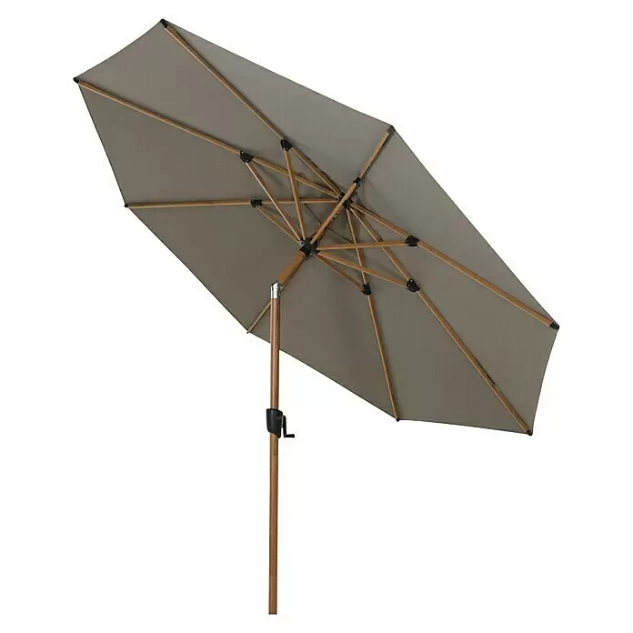 Siena Garden Marktschirm Pino - Farbe Bespannung: taupe-meliert, Durchmesser Bespannung: 300 cm - Geöffneter grauer Terrassenschirm mit Holzstange und Gestell, von unten gesehen.