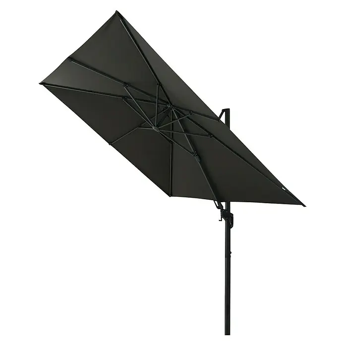 Siena Garden Ampelschirm Fagus N+ - Anthrazit, Bespannungsmaß (L x B): 300 x 300 cm - Detailaufnahme eines anthrazitfarbenen Sonnenschirms mit rechteckiger Form und Metallgestell auf schwarzem Hintergrund.