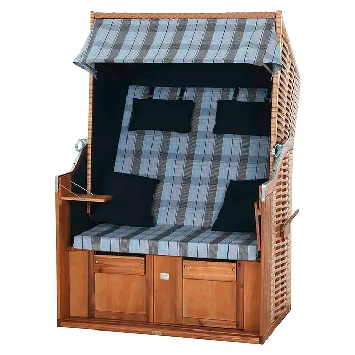 DeVries Strandkorb Trendy - L x B x H: 120 x 80 x 165 cm, Blau-Weiß (kariert) - Bild einer Strandkorb-Sitzgelegenheit mit karierten Kissen und einem kleinen Tisch.