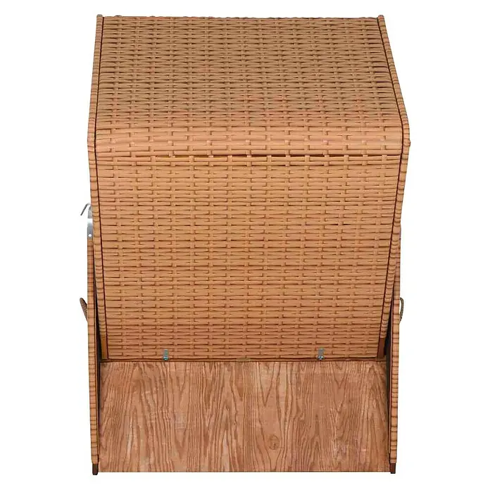 DeVries Strandkorb Trendy - L x B x H: 120 x 80 x 165 cm, Weiß-Beige-Braun (gestreift) - Nahaufnahme eines Strandkorbs mit geflochtenem Design und Holzbasis, der Komfort und Stil für den Außenbereich bietet.