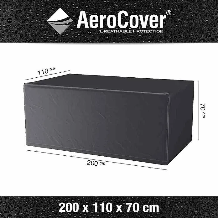 Gartentisch-Schutzhülle Aerocover - L x B x H: 200 x 110 x 70 cm, Kunststoff - Produktbild einer AeroCover Schutzhülle mit Größenangaben, atmungsaktiv und schützend für Gartenmöbel.