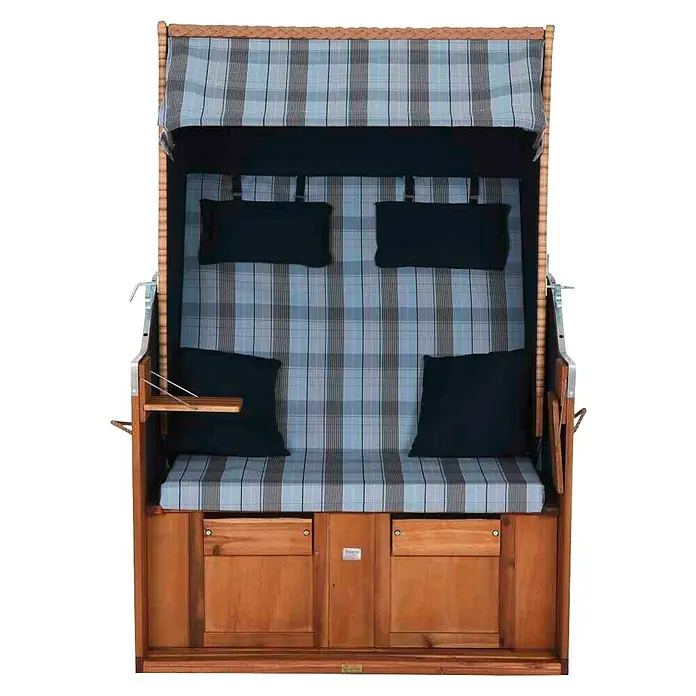 DeVries Strandkorb Trendy - L x B x H: 120 x 80 x 165 cm, Blau-Weiß (kariert) - Strandkorb mit blau-kariertem Muster, Holzelementen und schwarzen Kissen für entspannte Stunden am Meer.