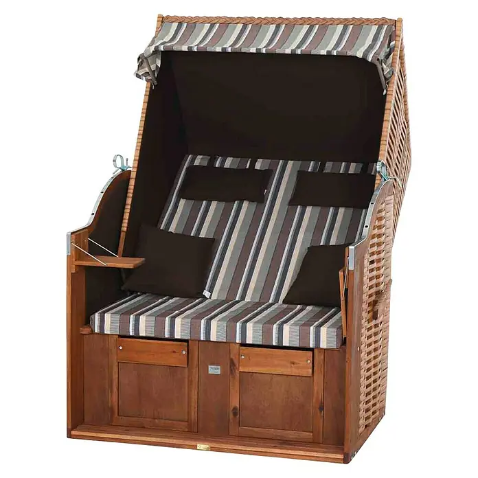 DeVries Strandkorb Trendy - L x B x H: 120 x 80 x 165 cm, Weiß-Beige-Braun (gestreift) - Gemütlicher Strandkorb für zwei Personen mit braunen und grauen Streifen für entspannte Stunden im Freien.