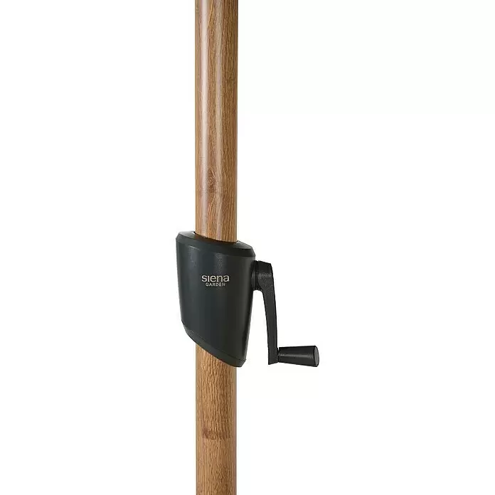 Siena Garden Marktschirm Pino - Farbe Bespannung: taupe-meliert, Durchmesser Bespannung: 300 cm - Detailansicht eines hölzernen Sonnenschirmmastes mit dunkelgrauem Siena Garden Kurbelmechanismus.