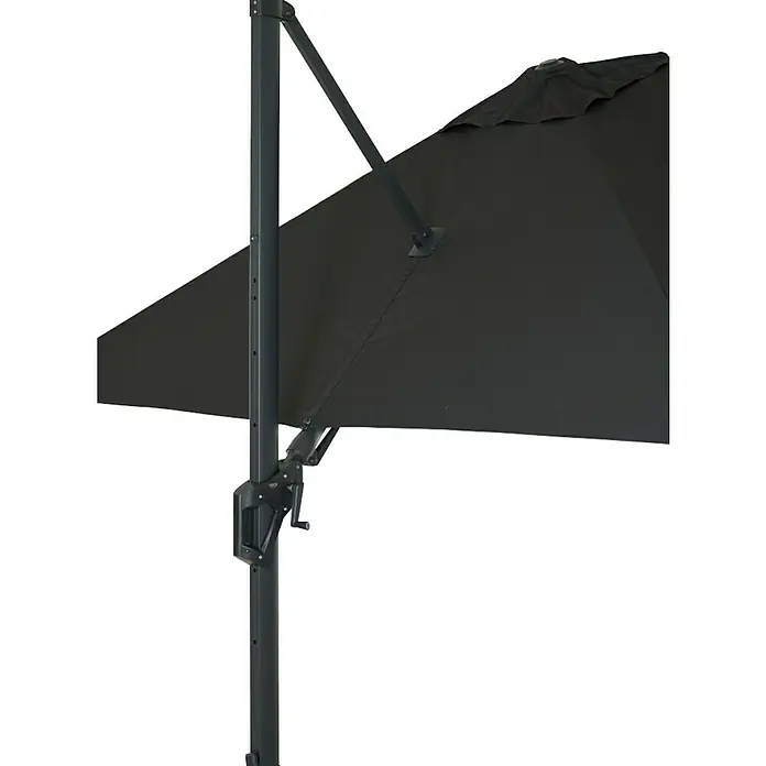 Siena Garden Ampelschirm Fagus N+ - Anthrazit, Bespannungsmaß (L x B): 300 x 300 cm - Nahaufnahme eines schwarzen Gartenschirms mit Kurbelmechanismus und stabilem Ständer für den perfekten Sonnenschutz im Außenbereich.