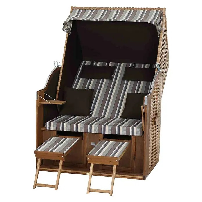 DeVries Strandkorb Trendy - L x B x H: 120 x 80 x 165 cm, Weiß-Beige-Braun (gestreift) - Strandkorb mit braunen und grauen Streifen, inklusive Klappfußstützen und kleinen Kissen.