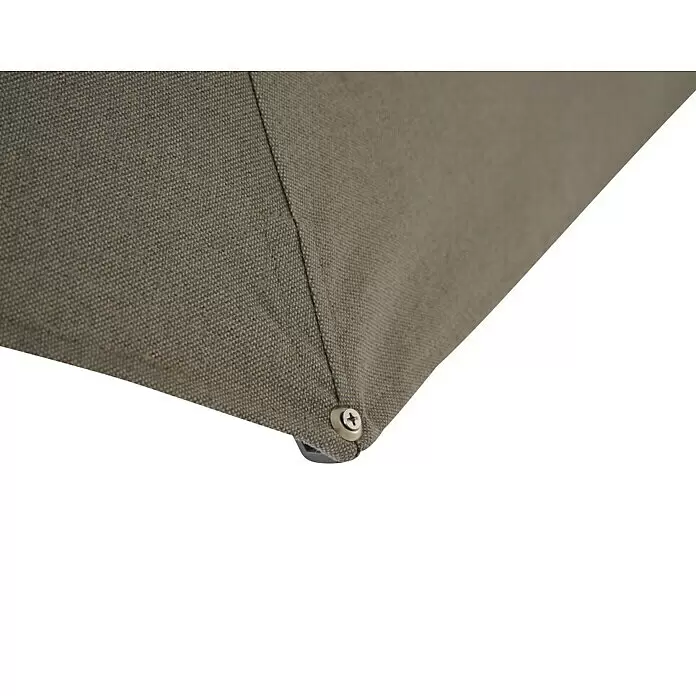 Siena Garden Marktschirm Pino - Farbe Bespannung: taupe-meliert, Durchmesser Bespannung: 300 cm - Ecke eines dunkelbeigen strukturierten Stoffpaneels, mit sichtbarer Kreuzschlitzschraube befestigt.