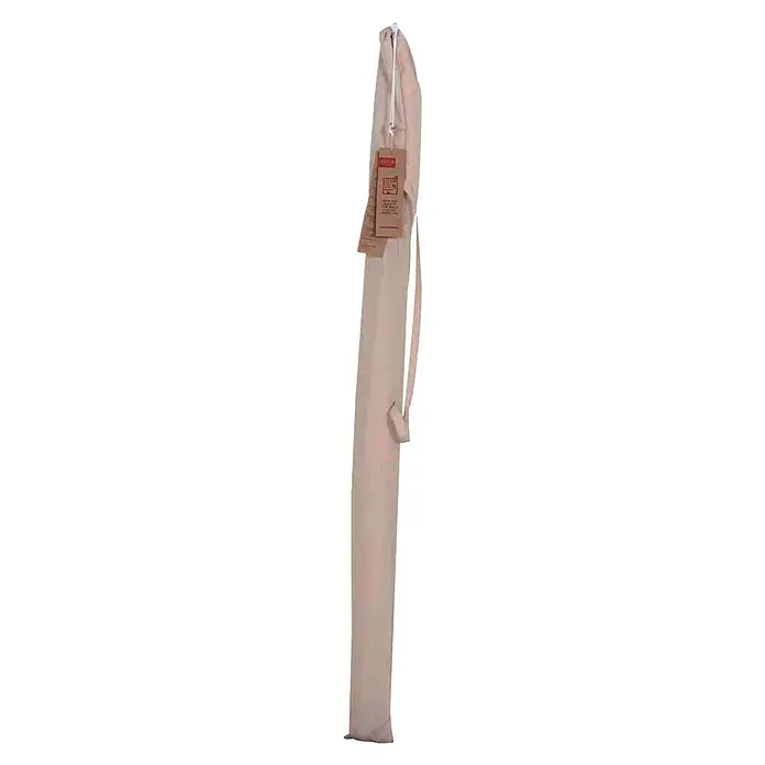 Siena Garden Marktschirm City Push - Natur, Bespannungsmaß (L x B): 140 x 210 cm - Ein langer, beiger Segeltuchsack mit Kordelzug und einem braunen Etikett, das befestigt ist.