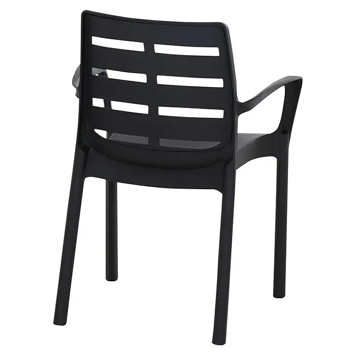 Progarden Stapelstuhl Borneo - Stapelbar, Anthrazit, B x T x H: 54 x 60,5 x 82 cm - Schwarzer Armlehnstuhl mit horizontalen Schlitzen im Rückenteil für den Außenbereich. Das stilvolle Design ist perfekt für Garten oder Terrasse.