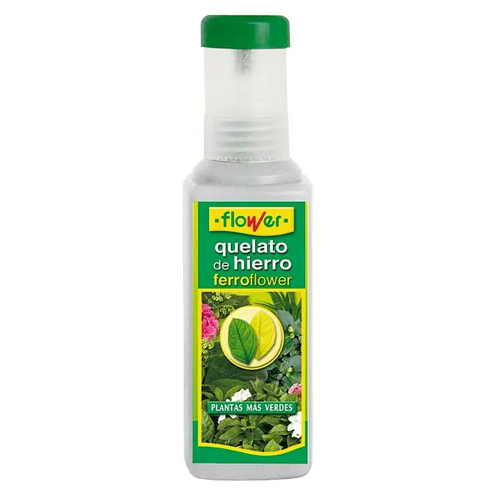 Flower Concentrado Ferroflower - 250 ml - La imagen muestra una botella de quelato de hierro Ferroflower, un producto diseñado para suministrar hierro a las plantas. El tapón verde destaca.