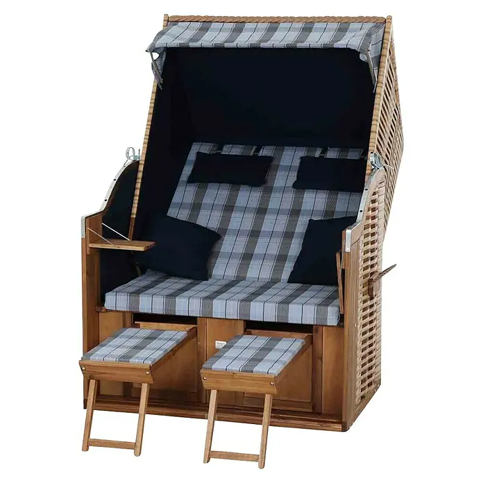 DeVries Strandkorb Trendy - L x B x H: 120 x 80 x 165 cm, Blau-Weiß (kariert) - Strandkorb mit blau-grau karierten Polstern und zwei Hockern. Der Korb bietet Komfort und Schutz am Strand.