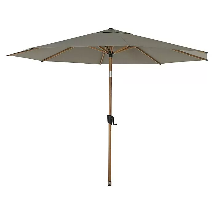 Siena Garden Marktschirm Pino - Farbe Bespannung: taupe-meliert, Durchmesser Bespannung: 300 cm - Grauer Sonnenschirm mit Holzstange und Streben, ausgestattet mit einer schwarzen Kurbel zum einfachen Öffnen und Schließen.