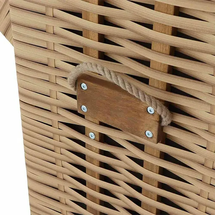 DeVries Strandkorb Trendy - L x B x H: 120 x 80 x 165 cm, Weiß-Beige-Braun (gestreift) - Detailaufnahme eines geflochtenen Korbs mit Holzgriff und Seil, befestigt mit silbernen Schrauben.