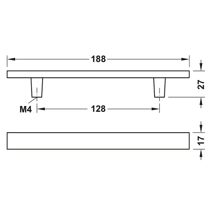 Häfele Möbelgriff - L x B x H: 18,8 x 2,7 x 1,7 cm - Technische Zeichnung eines Möbelgriffs mit Maßangaben. Der Griff ist schlicht und modern gestaltet.