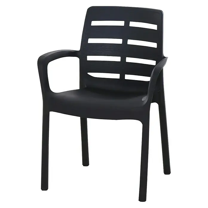 Progarden Stapelstuhl Borneo - Stapelbar, Anthrazit, B x T x H: 54 x 60,5 x 82 cm - Ein dunkler Armlehnstuhl mit horizontalen Schlitzen in der Rückenlehne, ideal für den Garten oder die Terrasse.