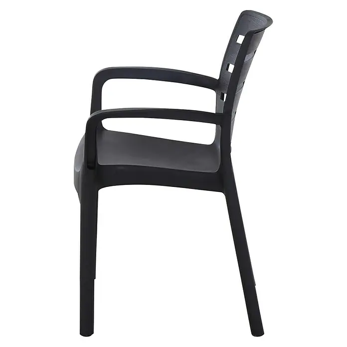 Progarden Stapelstuhl Borneo - Stapelbar, Anthrazit, B x T x H: 54 x 60,5 x 82 cm - Seitenansicht eines schwarzen Bürostuhls mit Armlehnen. Die ergonomische Form bietet hohen Sitzkomfort und moderne Ästhetik.