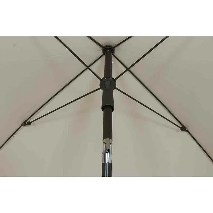 Siena Garden Marktschirm City Push - Natur, Bespannungsmaß (L x B): 180 x 180 cm - Innenansicht eines geöffneten weißen Sonnenschirms mit dunklem Metallrahmen und Stange, der Schatten spendet.
