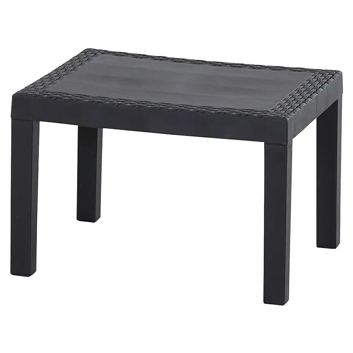 Progarden Gartenmöbel-Set Kraka - 3 -tlg., 100% Polyester, 100% Polypropylen, Anthrazit - Diese Aufnahme zeigt einen stilvollen, schwarzen Outdoor-Tisch mit geflochtenem Rand und robusten Beinen, ideal für Garten oder Terrasse.