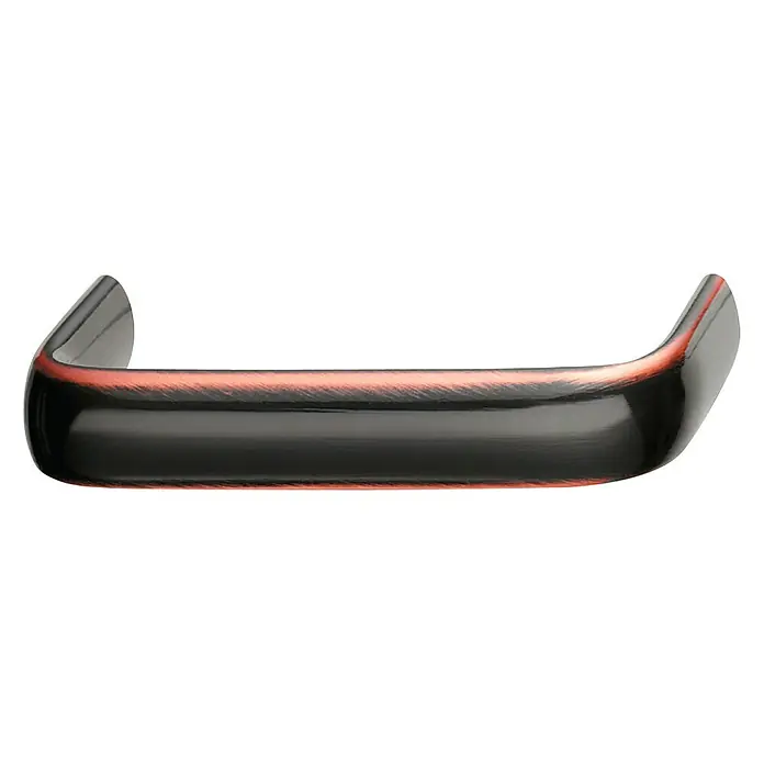 Häfele Tirador para muebles 117.64.114 - L x An x Al: 7 x 3 x 1,2 cm, Acero - Primer plano de una manija de puerta curva y elegante con un sofisticado acabado negro y cobre, que desprende una estética moderna.