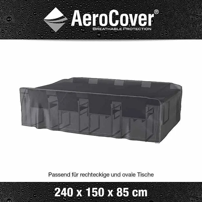 Sitzgruppen-Schutzhülle Aerocover - L x B x H: 240 x 150 x 85 cm, Kunststoff - Das Bild zeigt eine AeroCover-Abdeckung für rechteckige und ovale Tische, die atmungsaktiven Schutz bietet und die Maße 240 x 150 x 85 cm hat.