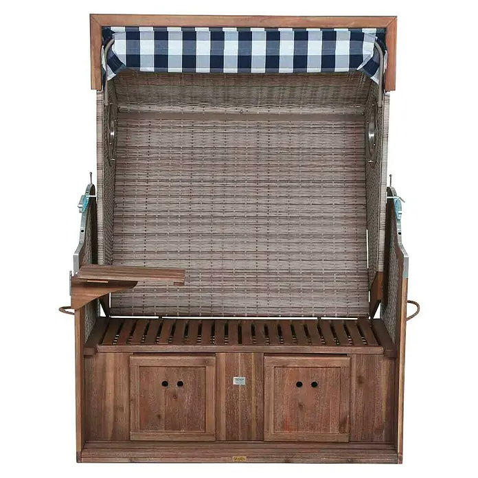 DeVries Strandkorb Trendy - L x B x H: 130 x 80 x 165 cm, Blau-Weiß (kariert) - Strandkorb aus Holz mit blau-weiß kariertem Stoff. Er verfügt über Staufächer und eine hochklappbare Markise für optimalen Komfort.
