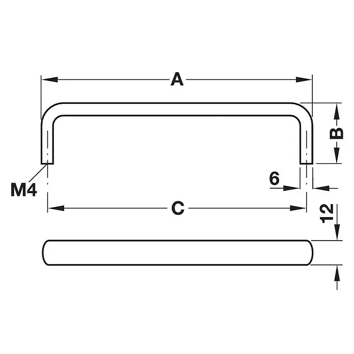 Häfele Tirador para muebles 117.64.104 - L x An x Al: 7 x 3 x 1,2 cm, Acero - Diagrama de un tirador de mueble que muestra las dimensiones A, B y C, junto con los detalles de montaje con tornillos M4 e información adicional sobre el espaciado.
