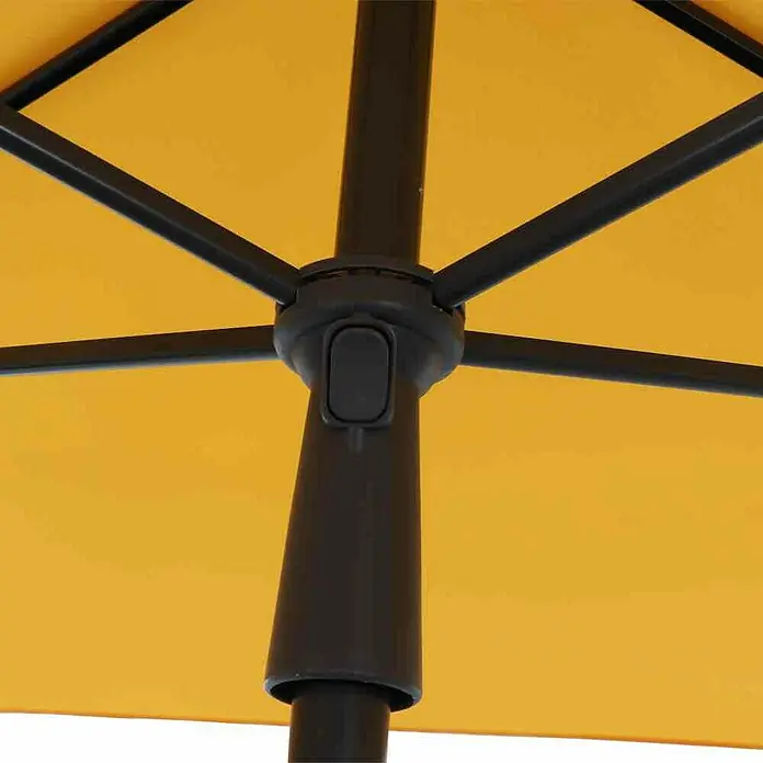 Siena Garden Marktschirm City Push - Gelb, Bespannungsmaß (L x B): 140 x 210 cm - Detailaufnahme eines gelben Sonnenschirms mit braunem Gestell, das sich zentral öffnet.