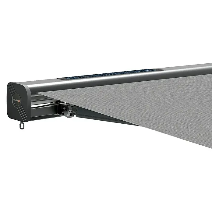 SmartSun Toldo de cofre completo Dark Fiji - Gris piedra, Ancho: 3,95 m, Caída: 3 m - Primer plano de un toldo SmartSun con paneles solares, ideal para sombra y eficiencia energética en exteriores.