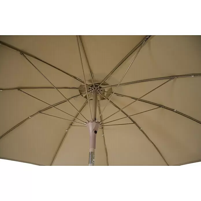 Siena Garden Marktschirm rund Paolo Push - Taupe, Durchmesser Bespannung: 270 cm - Unterseite eines geöffneten Sonnenschirms mit beigem Stoff und stabilem Metall- und Kunststoffrahmen.