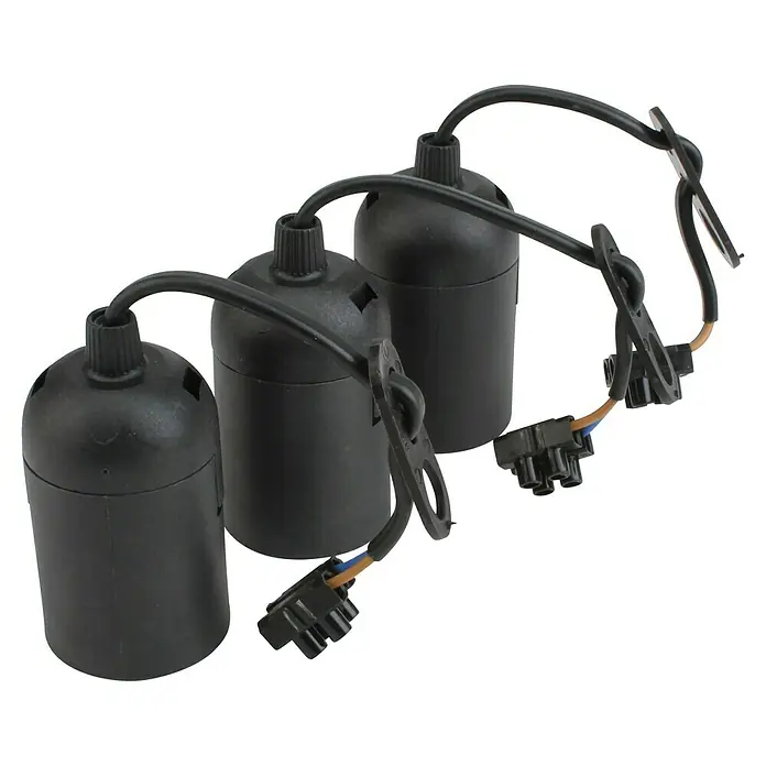Lampenfassung Set - E27, 3 Stk., Schwarz - Drei schwarze Lampenfassungen mit Kabeln und Steckern, ideal für DIY-Beleuchtungsprojekte und einfache Installation.