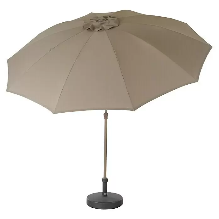 Siena Garden Marktschirm rund Paolo Push - Taupe, Durchmesser Bespannung: 270 cm - Ein beiger Sonnenschirm mit grauem Mast und rundem Fuß.