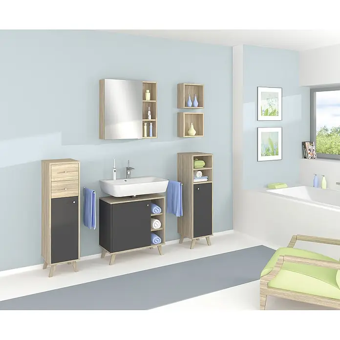 Astor Armario mediano de baño 2C - 31 x 33 x 110,5 cm, Antracita/Roble, 2 cajones - Un juego de baño con mueble de lavabo, armarios altos y espejo, que crea un ambiente moderno y elegante.
